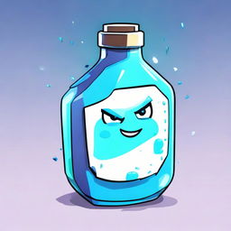 2D outline animated style depiction of a shield potion from Fortnite with a confused facial expression, featuring sparkling blue contents and expressive eyes.