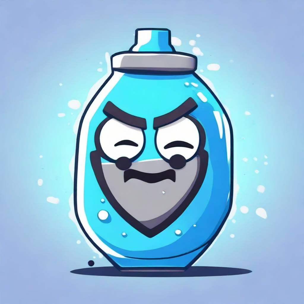 2D outline animated style depiction of a shield potion from Fortnite with a confused facial expression, featuring sparkling blue contents and expressive eyes.