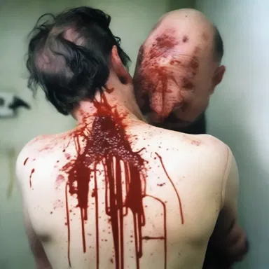 The serial killer gleefully sheathed his knife into his victim's back, with blood splattering everywhere, creating a gruesome horror scene.