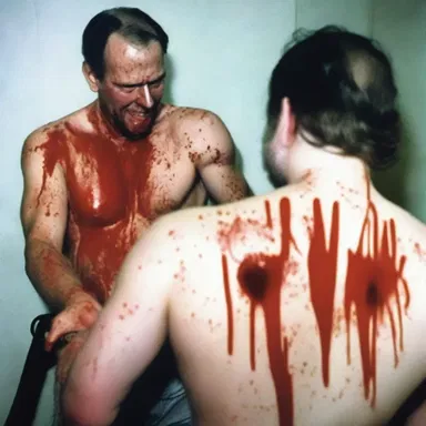 The serial killer gleefully sheathed his knife into his victim's back, with blood splattering everywhere, creating a gruesome horror scene.
