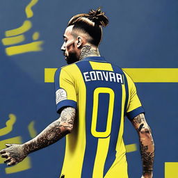 Artistic representation of 'Bunyamin' from the rear, sporting a top knot hairstyle, attired in a sleek yellow and navy blue striped jersey showcasing his name, number '68', and a graceful swallow tattoo on his left arm, confidently stepping onto the pitch at Fenerbahçe Ülker Stadium.