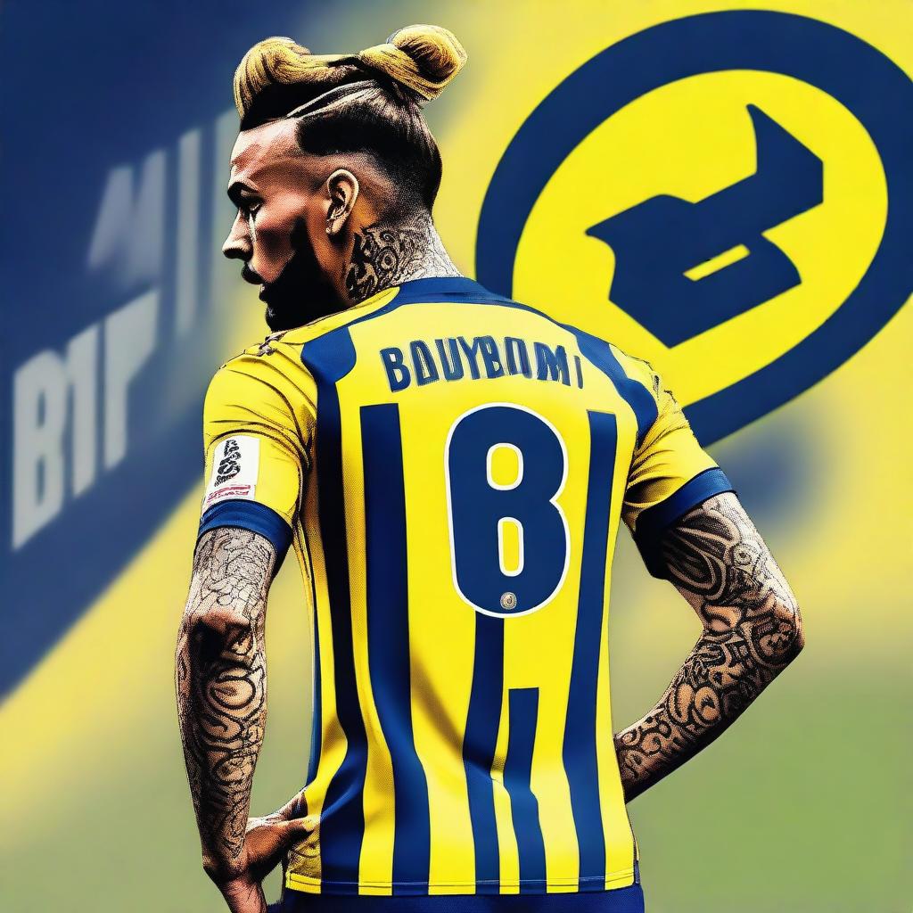 Artistic representation of 'Bunyamin' from the rear, sporting a top knot hairstyle, attired in a sleek yellow and navy blue striped jersey showcasing his name, number '68', and a graceful swallow tattoo on his left arm, confidently stepping onto the pitch at Fenerbahçe Ülker Stadium.