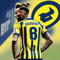 Artistic representation of 'Bunyamin' from the rear, sporting a top knot hairstyle, attired in a sleek yellow and navy blue striped jersey showcasing his name, number '68', and a graceful swallow tattoo on his left arm, confidently stepping onto the pitch at Fenerbahçe Ülker Stadium.