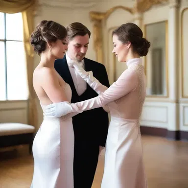 The woman sheathed her delicate hands in satin gloves before dancing with her partner.