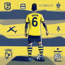 Artistic representation of 'Bunyamin' from the rear, sporting a top knot hairstyle, attired in a sleek yellow and navy blue striped jersey showcasing his name, number '68', and a graceful swallow tattoo on his left arm, confidently stepping onto the pitch at Fenerbahçe Ülker Stadium.