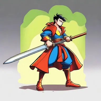 The cartoon character sheathed his sword in a vibrant scabbard, adding a touch of style to his appearance.