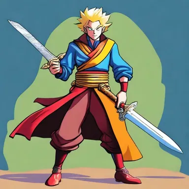 The cartoon character sheathed his sword in a vibrant scabbard, adding a touch of style to his appearance.