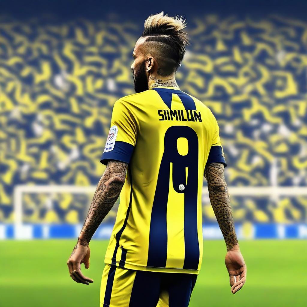 Artistic representation of 'Bunyamin' from the rear, sporting a top knot hairstyle, attired in a sleek yellow and navy blue striped jersey showcasing his name, number '68', and a graceful swallow tattoo on his left arm, confidently stepping onto the pitch at Fenerbahçe Ülker Stadium.