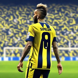 Artistic representation of 'Bunyamin' from the rear, sporting a top knot hairstyle, attired in a sleek yellow and navy blue striped jersey showcasing his name, number '68', and a graceful swallow tattoo on his left arm, confidently stepping onto the pitch at Fenerbahçe Ülker Stadium.