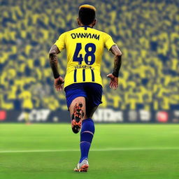 Artistic depiction of 'Bunyamin' from behind with a top knot hair, donned in a sleek striped yellow and navy blue jersey embellished with his name and number '68', sporting an elegant swallow tattoo on his left arm, as he strides confidently onto Fenerbahçe Ülker Stadium's pitch.