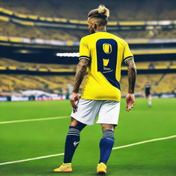 Artistic depiction of 'Bunyamin' from behind with a top knot hair, donned in a sleek striped yellow and navy blue jersey embellished with his name and number '68', sporting an elegant swallow tattoo on his left arm, as he strides confidently onto Fenerbahçe Ülker Stadium's pitch.