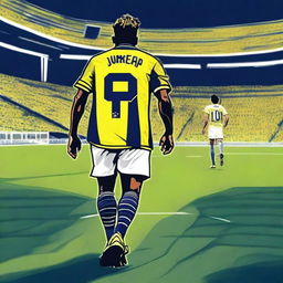 Artistic depiction of 'Bunyamin' from behind with a top knot hair, donned in a sleek striped yellow and navy blue jersey embellished with his name and number '68', sporting an elegant swallow tattoo on his left arm, as he strides confidently onto Fenerbahçe Ülker Stadium's pitch.