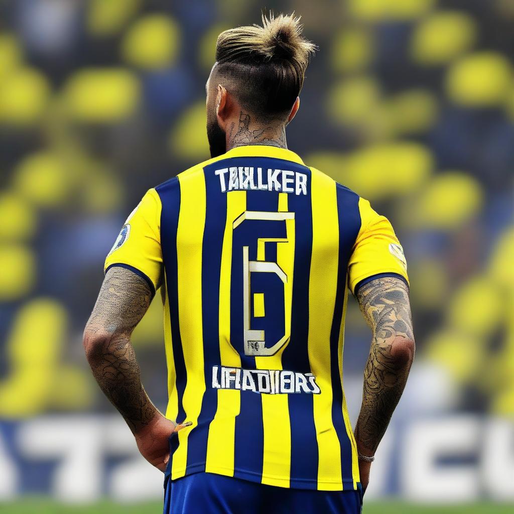 Artistic depiction of 'Bunyamin' from behind with a top knot hair, donned in a sleek striped yellow and navy blue jersey embellished with his name and number '68', sporting an elegant swallow tattoo on his left arm, as he strides confidently onto Fenerbahçe Ülker Stadium's pitch.