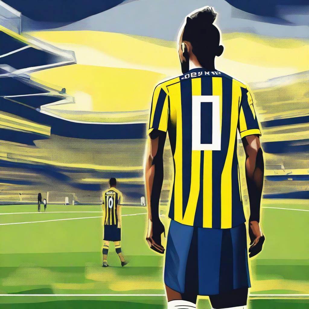 Artistic illustration of 'Bunyamin' from the rear, donning a sleek yellow and navy blue striped jersey with his name and number '68', sporting a top knot hairstyle, confidently stepping onto the pitch at Fenerbahçe Ülker Stadium.