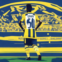 Artistic illustration of 'Bunyamin' from the rear, donning a sleek yellow and navy blue striped jersey with his name and number '68', sporting a top knot hairstyle, confidently stepping onto the pitch at Fenerbahçe Ülker Stadium.