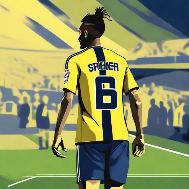 Artistic illustration of 'Bunyamin' from the rear, donning a sleek yellow and navy blue striped jersey with his name and number '68', sporting a top knot hairstyle, confidently stepping onto the pitch at Fenerbahçe Ülker Stadium.