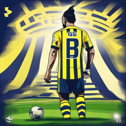 Artistic illustration of 'Bunyamin' from the rear, donning a sleek yellow and navy blue striped jersey with his name and number '68', sporting a top knot hairstyle, confidently stepping onto the pitch at Fenerbahçe Ülker Stadium.