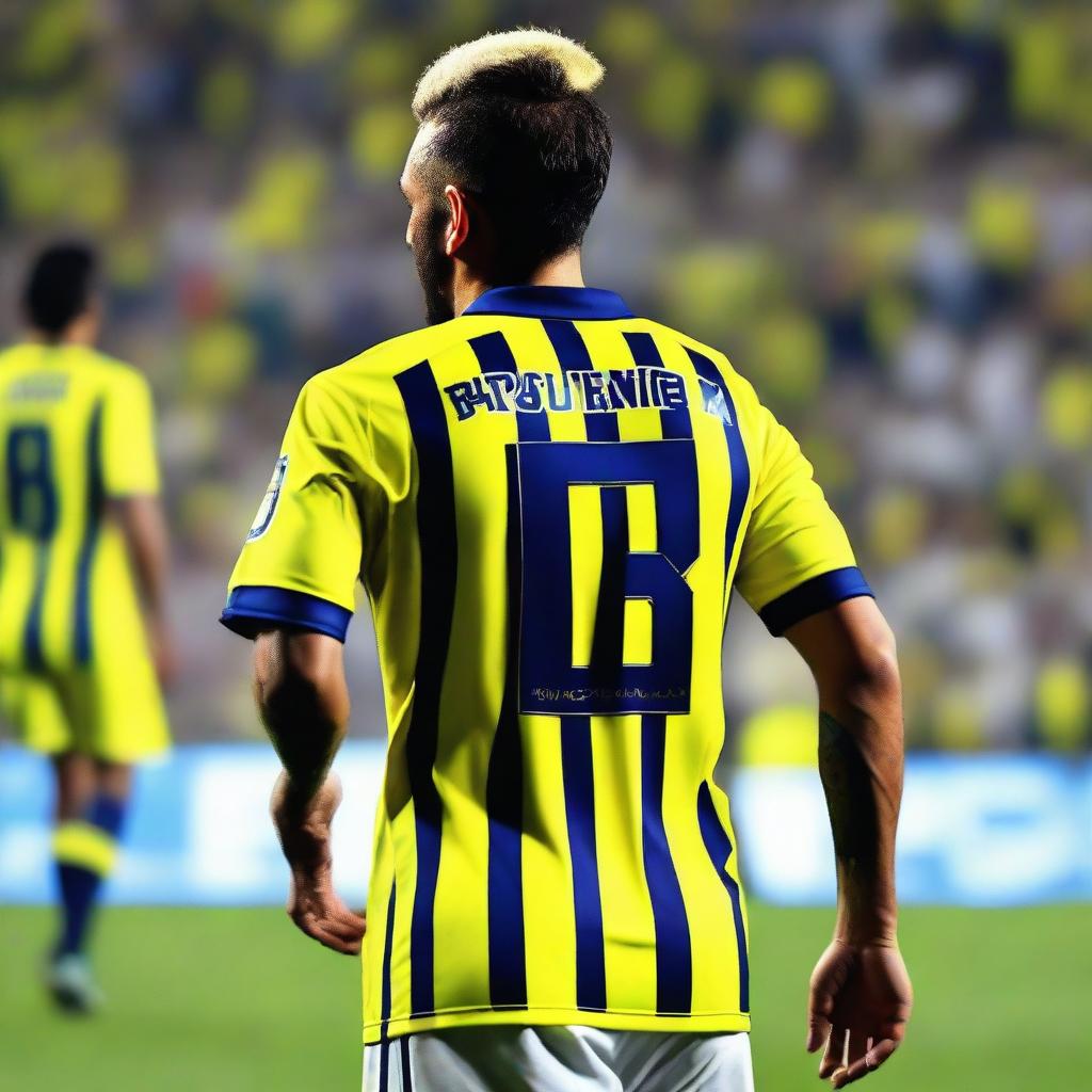 Artistically portrayed rear view of 'Bunyamin', sporting a top knot hairstyle and dressed in a sleek yellow and navy blue striped jersey bearing his name and number '68', as he steps onto the pitch at Fenerbahçe Ülker Stadium with confidence.