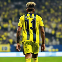 Artistically portrayed rear view of 'Bunyamin', sporting a top knot hairstyle and dressed in a sleek yellow and navy blue striped jersey bearing his name and number '68', as he steps onto the pitch at Fenerbahçe Ülker Stadium with confidence.