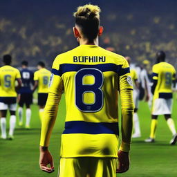 Artistically portrayed rear view of 'Bunyamin', sporting a top knot hairstyle and dressed in a sleek yellow and navy blue striped jersey bearing his name and number '68', as he steps onto the pitch at Fenerbahçe Ülker Stadium with confidence.