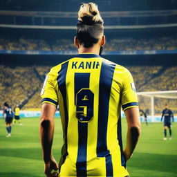 Artistically portrayed rear view of 'Bunyamin', sporting a top knot hairstyle and dressed in a sleek yellow and navy blue striped jersey bearing his name and number '68', as he steps onto the pitch at Fenerbahçe Ülker Stadium with confidence.