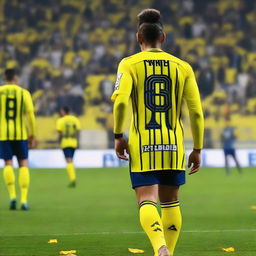 An artistic back view of 'Bunyamin' showcasing a top knot hairstyle, arrayed in a sleek yellow and navy blue striped jersey bedecked with his name and the number '68', as he confidently steps onto the pitch at Fenerbahçe Ülker Stadium.