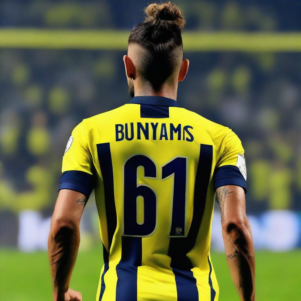 An artistic back view of 'Bunyamin' showcasing a top knot hairstyle, arrayed in a sleek yellow and navy blue striped jersey bedecked with his name and the number '68', as he confidently steps onto the pitch at Fenerbahçe Ülker Stadium.