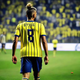 An artistic back view of 'Bunyamin' showcasing a top knot hairstyle, arrayed in a sleek yellow and navy blue striped jersey bedecked with his name and the number '68', as he confidently steps onto the pitch at Fenerbahçe Ülker Stadium.