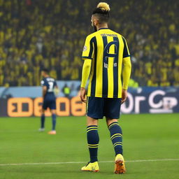 An artistic back view of 'Bunyamin' showcasing a top knot hairstyle, arrayed in a sleek yellow and navy blue striped jersey bedecked with his name and the number '68', as he confidently steps onto the pitch at Fenerbahçe Ülker Stadium.