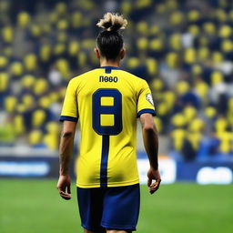 Beautiful artistic portrayal of 'BUNYAMIN' from behind, adorned in a sleek yellow and navy blue striped jersey with his name and number '68', sporting a top knot hairstyle, confidently stepping onto the pitch at Fenerbahçe Ülker Stadium.