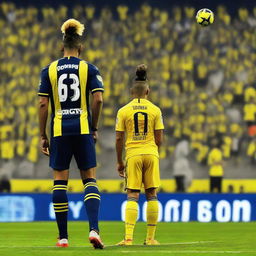 Beautiful artistic portrayal of 'BUNYAMIN' from behind, adorned in a sleek yellow and navy blue striped jersey with his name and number '68', sporting a top knot hairstyle, confidently stepping onto the pitch at Fenerbahçe Ülker Stadium.