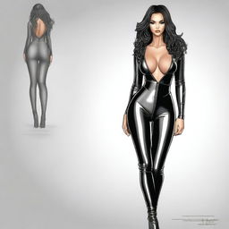 A high-quality digital illustration showcasing a skintight outfit with a plunging neckline, accentuating a flattering fetish look