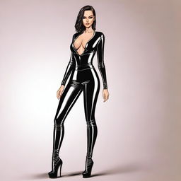 A high-quality digital illustration showcasing a skintight outfit with a plunging neckline, accentuating a flattering fetish look