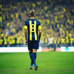 Beautiful artistic portrayal of 'BUNYAMIN' from behind, adorned in a sleek yellow and navy blue striped jersey with his name and number '68', sporting a top knot hairstyle, confidently stepping onto the pitch at Fenerbahçe Ülker Stadium.