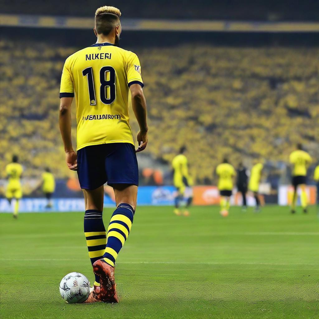 Beautiful artistic portrayal of 'BUNYAMIN' from behind, adorned in a sleek yellow and navy blue striped jersey with his name and number '68', sporting a top knot hairstyle, confidently stepping onto the pitch at Fenerbahçe Ülker Stadium.