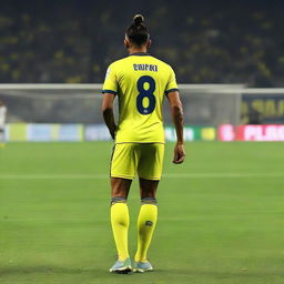 Elegant artistry of 'BUNYAMIN' from behind, wearing a sleek striped yellow and navy blue jersey embellished with his name and number '68', sporting a top knot hairstyle, as he confidently steps onto the pitch at Fenerbahçe Ülker Stadium.