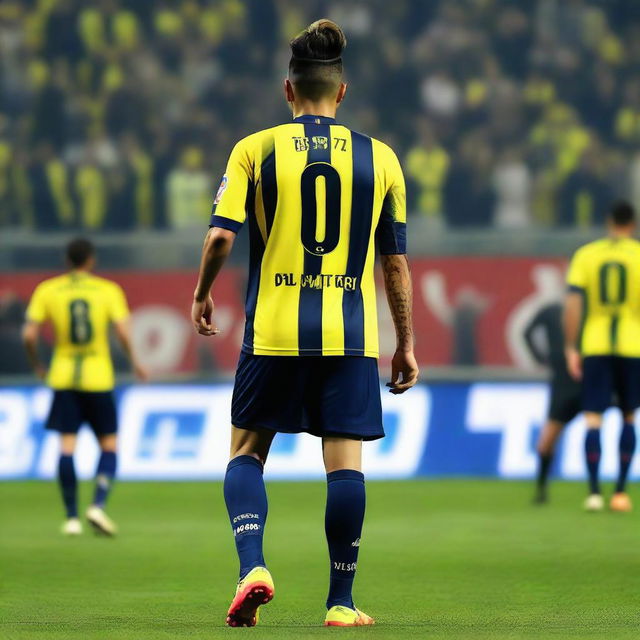 Elegant artistry of 'BUNYAMIN' from behind, wearing a sleek striped yellow and navy blue jersey embellished with his name and number '68', sporting a top knot hairstyle, as he confidently steps onto the pitch at Fenerbahçe Ülker Stadium.