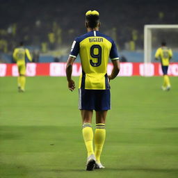 Elegant artistry of 'BUNYAMIN' from behind, wearing a sleek striped yellow and navy blue jersey embellished with his name and number '68', sporting a top knot hairstyle, as he confidently steps onto the pitch at Fenerbahçe Ülker Stadium.