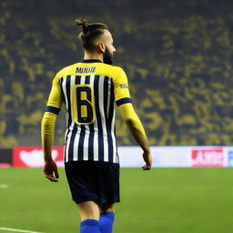 Elegant artistry of 'BUNYAMIN' from behind, wearing a sleek striped yellow and navy blue jersey embellished with his name and number '68', sporting a top knot hairstyle, as he confidently steps onto the pitch at Fenerbahçe Ülker Stadium.