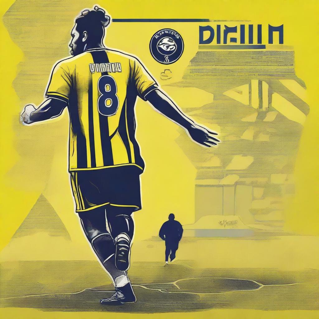 Artistic representation of 'BUNYAMIN' from the back, clad in a yellow and navy blue jersey showcasing his name and number '68', sporting a stylish man bun, confidently striding onto the pitch at Fenerbahçe Ülker Stadium.