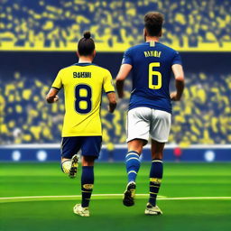 Artistic representation of 'BUNYAMIN' from the back, clad in a yellow and navy blue jersey showcasing his name and number '68', sporting a stylish man bun, confidently striding onto the pitch at Fenerbahçe Ülker Stadium.