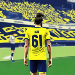 Artistic representation of 'BUNYAMIN' from the back, clad in a yellow and navy blue jersey showcasing his name and number '68', sporting a stylish man bun, confidently striding onto the pitch at Fenerbahçe Ülker Stadium.