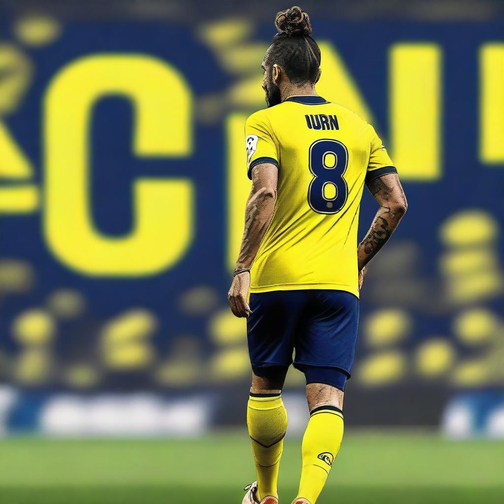 Artistic representation of 'BUNYAMIN' from the back, clad in a yellow and navy blue jersey showcasing his name and number '68', sporting a stylish man bun, confidently striding onto the pitch at Fenerbahçe Ülker Stadium.