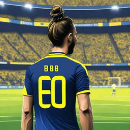 Artistic rendition from behind of 'BUNYAMIN', donned in a yellow and navy blue jersey, bearing his name and number '68', with a stylish man bun, as he steps onto Fenerbahçe Ülker Stadium's pitch with confidence.