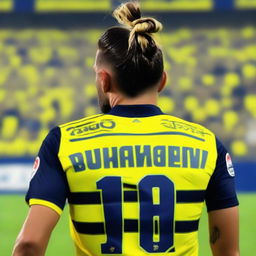 Artistic rendition from behind of 'BUNYAMIN', donned in a yellow and navy blue jersey, bearing his name and number '68', with a stylish man bun, as he steps onto Fenerbahçe Ülker Stadium's pitch with confidence.