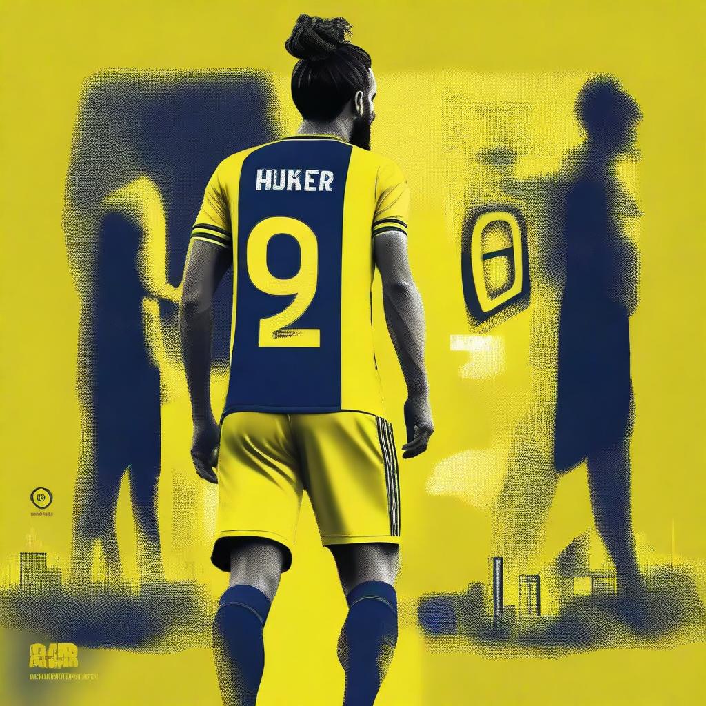 Artistic rendition from behind of 'BUNYAMIN', donned in a yellow and navy blue jersey, bearing his name and number '68', with a stylish man bun, as he steps onto Fenerbahçe Ülker Stadium's pitch with confidence.