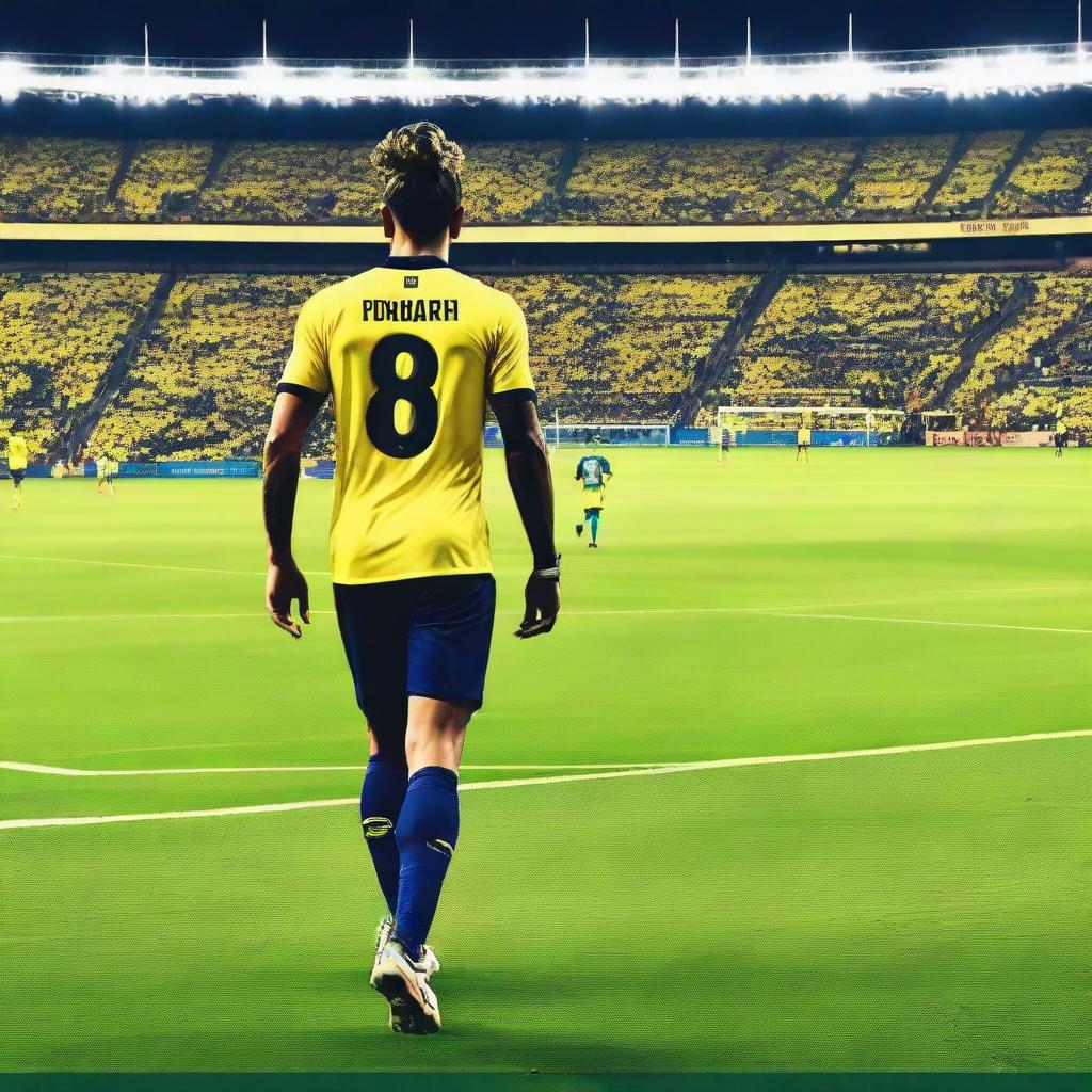 Artistic rendition from behind of 'BUNYAMIN', donned in a yellow and navy blue jersey, bearing his name and number '68', with a stylish man bun, as he steps onto Fenerbahçe Ülker Stadium's pitch with confidence.