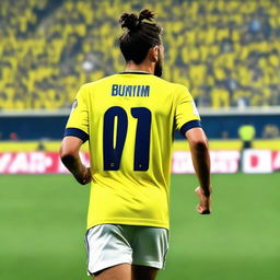 Beautifully drawn back view of 'BUNYAMIN' in a yellow and navy blue jersey featuring his name and number '68', with his hair styled in a top man bun, striding confidently onto the pitch at Fenerbahçe Ülker Stadium.