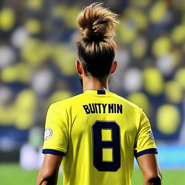 Beautifully drawn back view of 'BUNYAMIN' in a yellow and navy blue jersey featuring his name and number '68', with his hair styled in a top man bun, striding confidently onto the pitch at Fenerbahçe Ülker Stadium.