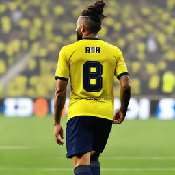 Beautifully drawn back view of 'BUNYAMIN' in a yellow and navy blue jersey featuring his name and number '68', with his hair styled in a top man bun, striding confidently onto the pitch at Fenerbahçe Ülker Stadium.